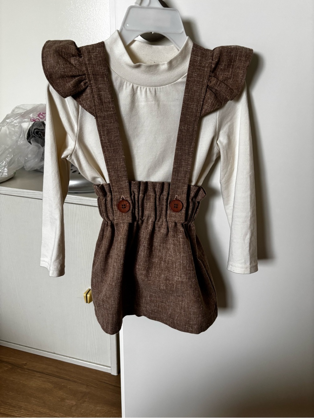 Cream Top with Brown Suspender Skirt